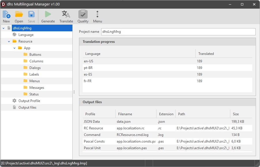 Navegador de Projeto e Painel de Tradução